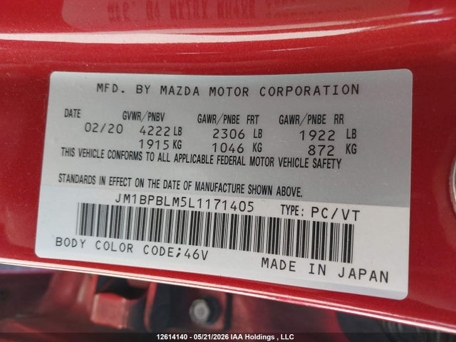 12614140 :رقم المزاد ، JM1BPBLM5L1171405 vin ، 2020 Mazda 3 مزاد بيع