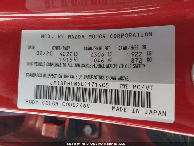12614140 :رقم المزاد ، JM1BPBLM5L1171405 vin ، 2020 Mazda 3 مزاد بيع