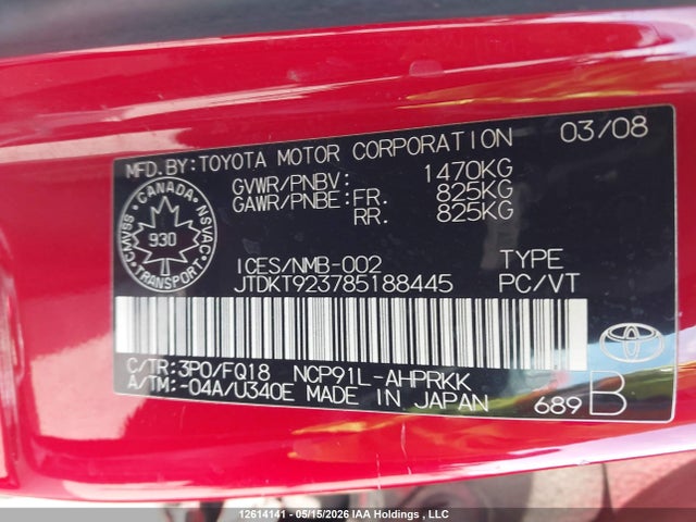 12614141 :رقم المزاد ، JTDKT923785188445 vin ، 2008 Toyota Yaris مزاد بيع
