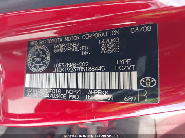 12614141 :رقم المزاد ، JTDKT923785188445 vin ، 2008 Toyota Yaris مزاد بيع