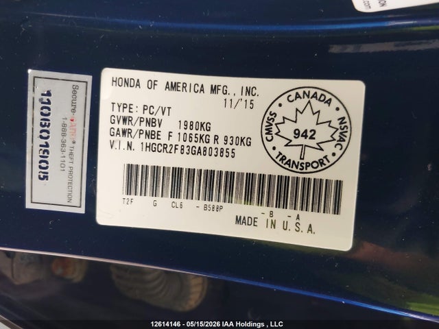 2016 Honda Accord Exl მანქანა იყიდება აუქციონზე, vin: 1HGCR2F83GA803855, აუქციონის ნომერი: 12614146