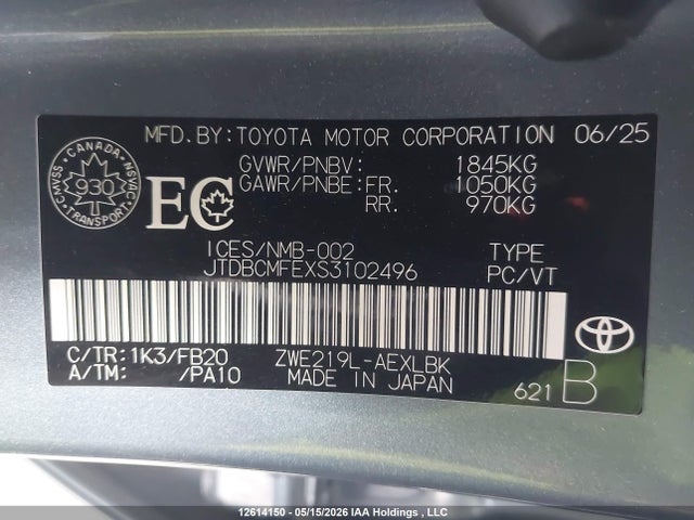 Продаж на аукціоні авто 2025 Toyota Corolla Hybrid, vin: JTDBCMFEXS3102496, номер лоту: 12614150