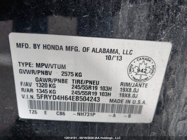 Aukcja sprzedaży 2014 Acura Mdx, vin: 5FRYD4H64EB504243, numer aukcji: 12614151