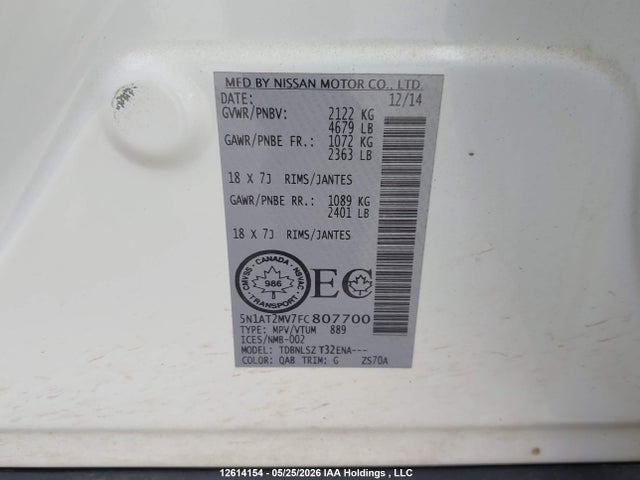 12614154 :رقم المزاد ، 5N1AT2MV7FC807700 vin ، 2015 Nissan Rogue S/sl/sv مزاد بيع