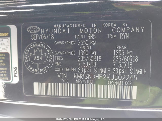12614167 :رقم المزاد ، KM8SNDHF2KU302245 vin ، 2019 Hyundai Santa Fe Xl Se مزاد بيع