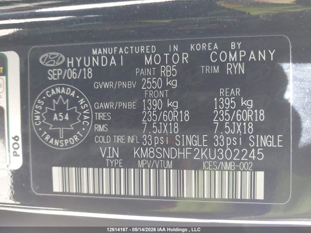 12614167 :رقم المزاد ، KM8SNDHF2KU302245 vin ، 2019 Hyundai Santa Fe Xl Se مزاد بيع