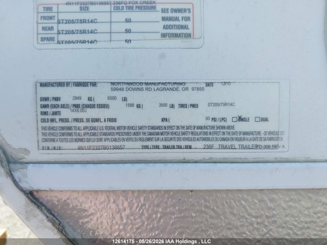 Продаж на аукціоні авто 2011 Northwood Fox Creek Fox Creek 236fq, vin: 4N11F2327B0136657, номер лоту: 12614175