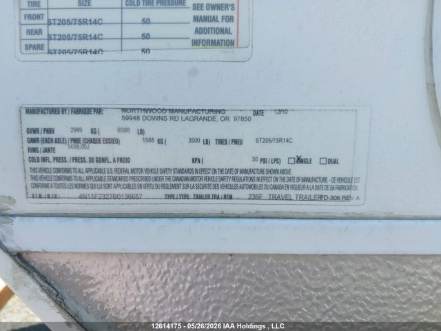 Продаж на аукціоні авто 2011 Northwood Fox Creek Fox Creek 236fq, vin: 4N11F2327B0136657, номер лоту: 12614175