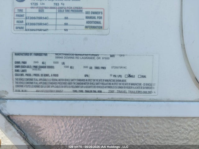 Продаж на аукціоні авто 2011 Northwood Fox Creek Fox Creek 236fq, vin: 4N11F2327B0136657, номер лоту: 12614175