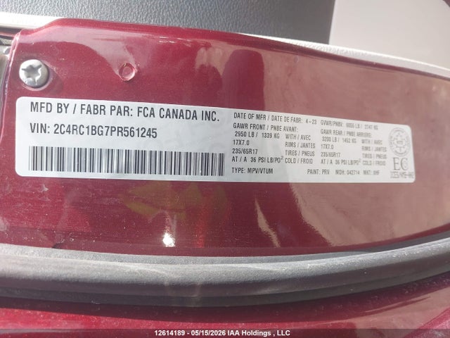 Продаж на аукціоні авто 2023 Chrysler Pacifica Touring L, vin: 2C4RC1BG7PR561245, номер лоту: 12614189