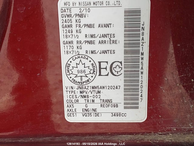 12614193 :رقم المزاد ، JN8AZ1MW5AW120247 vin ، 2010 Nissan Murano S/sl/le مزاد بيع