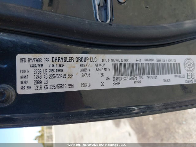 12614195 :رقم المزاد ، 3C4PDDFGXCT160070 vin ، 2012 Dodge Journey R/t مزاد بيع