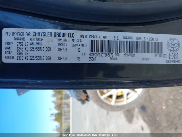 12614195 :رقم المزاد ، 3C4PDDFGXCT160070 vin ، 2012 Dodge Journey R/t مزاد بيع