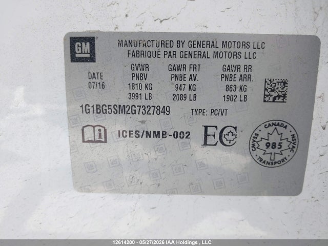 Продаж на аукціоні авто 2016 Chevrolet Cruze Premier Auto, vin: 1G1BG5SM2G7327849, номер лоту: 12614200