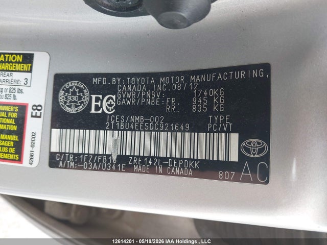 2013 Toyota Corolla მანქანა იყიდება აუქციონზე, vin: 2T1BU4EE5DC921649, აუქციონის ნომერი: 12614201
