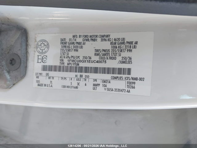 2014 Ford Escape მანქანა იყიდება აუქციონზე, vin: 1FMCU0GX1EUC40075, აუქციონის ნომერი: 12614206