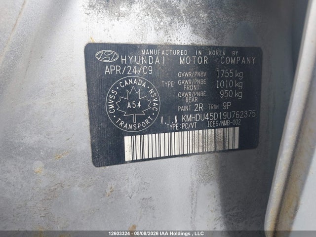 2009 Hyundai Elantra Gl/l მანქანა იყიდება აუქციონზე, vin: KMHDU45D19U762375, აუქციონის ნომერი: 12603324