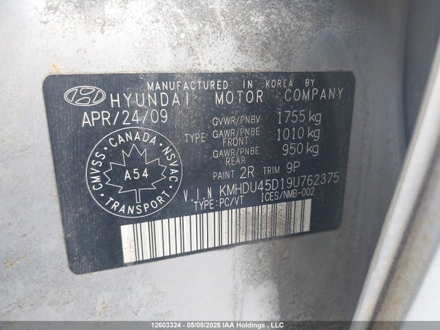 2009 Hyundai Elantra Gl/l მანქანა იყიდება აუქციონზე, vin: KMHDU45D19U762375, აუქციონის ნომერი: 12603324