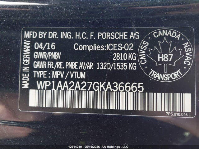 Продаж на аукціоні авто 2016 Porsche Cayenne, vin: WP1AA2A27GKA36665, номер лоту: 12614210