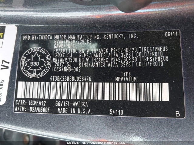 Aukcja sprzedaży 2011 Toyota Venza Base V6, vin: 4T3BK3BB6BU056476, numer aukcji: 12614217