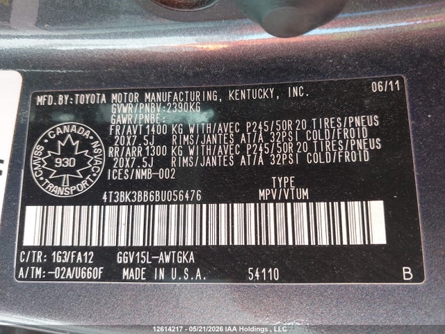 Aukcja sprzedaży 2011 Toyota Venza Base V6, vin: 4T3BK3BB6BU056476, numer aukcji: 12614217