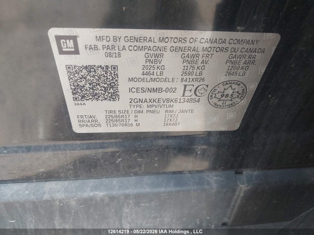Auction sale of the 2019 Chevrolet Equinox Lt, vin: 2GNAXKEV8K6134854, lot number: 12614219