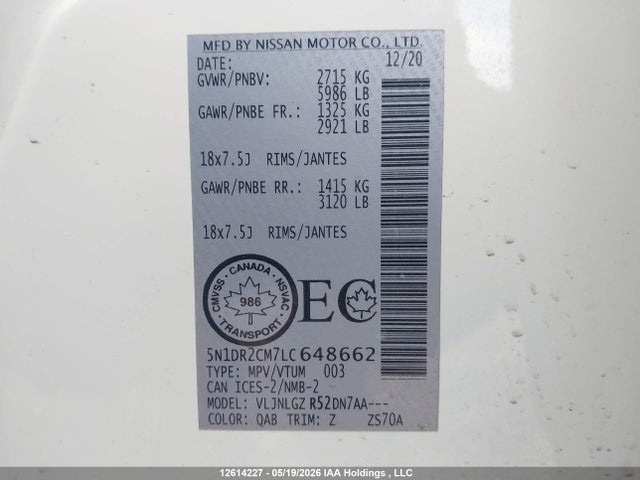 12614227 :رقم المزاد ، 5N1DR2CM7LC648662 vin ، 2020 Nissan Pathfinder Sl مزاد بيع