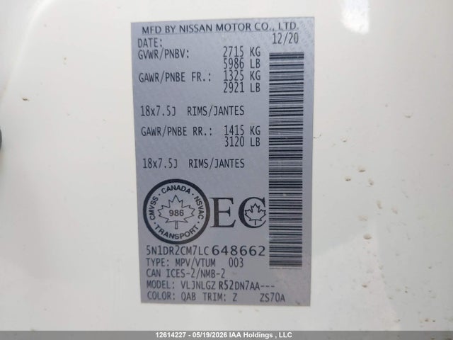 12614227 :رقم المزاد ، 5N1DR2CM7LC648662 vin ، 2020 Nissan Pathfinder Sl مزاد بيع