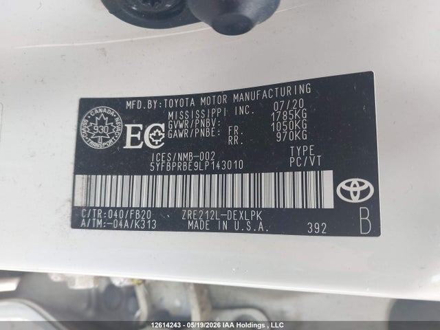 12614243 :رقم المزاد ، 5YFBPRBE9LP143010 vin ، 2020 Toyota Corolla مزاد بيع