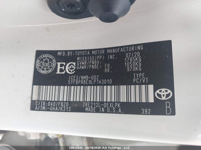 12614243 :رقم المزاد ، 5YFBPRBE9LP143010 vin ، 2020 Toyota Corolla مزاد بيع
