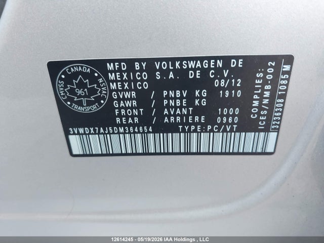 Aukcja sprzedaży 2013 Volkswagen Jetta Se, vin: 3VWDX7AJ5DM364654, numer aukcji: 12614245