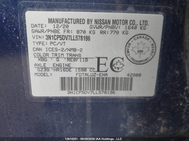 12614251 :رقم المزاد ، 3N1CP5DV7LL578196 vin ، 2020 Nissan Kicks Sr مزاد بيع