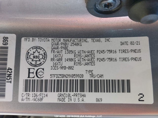 12614255 :رقم المزاد ، 5TFDZ5BN2MX059920 vin ، 2021 Toyota Tacoma Double Cab/sr5/trd Sport/trd Off Road مزاد بيع