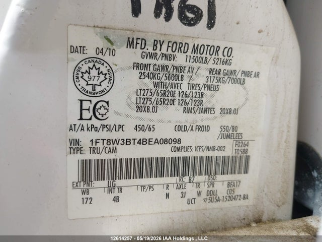 12614257 :رقم المزاد ، 1FT8W3BT4BEA08098 vin ، 2011 Ford F350 Super Duty مزاد بيع