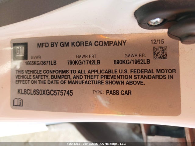 Aukcja sprzedaży 2016 Chevrolet Spark Ev 2lt, vin: KL8CL6S0XGC575745, numer aukcji: 12614262