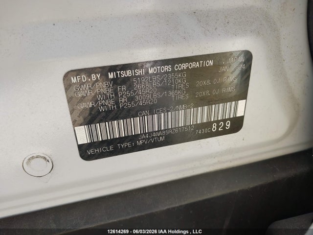 Aukcja sprzedaży 2024 Mitsubishi Outlander Gt/gt Noir/gt Premium, vin: JA4J4WA85RZ617512, numer aukcji: 12614269