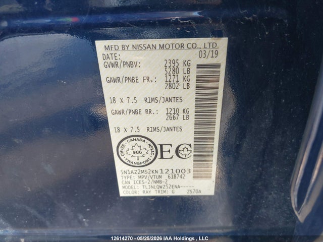 2019 Nissan Murano Platinum/sl/sv მანქანა იყიდება აუქციონზე, vin: 5N1AZ2MS2KN121003, აუქციონის ნომერი: 12614270