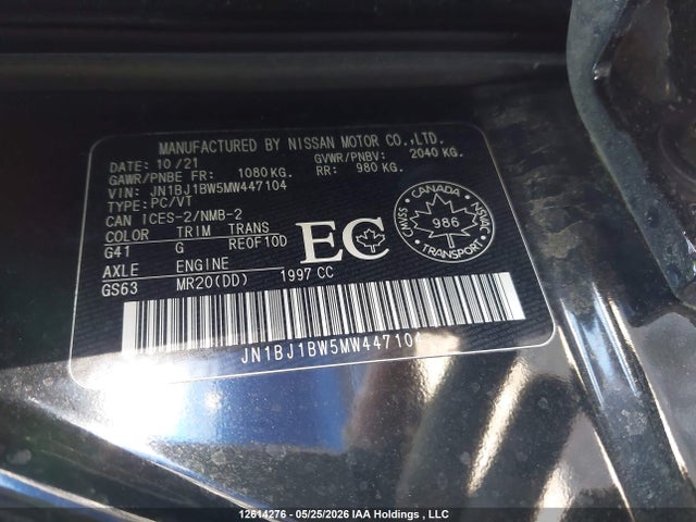 JN1BJ1BW5MW447104 Nissan Qashqai S/sl/sv