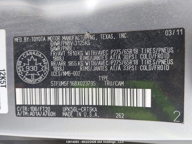 Aukcja sprzedaży 2011 Toyota Tundra Double Cab Sr5, vin: 5TFUM5F16BX023795, numer aukcji: 12614283