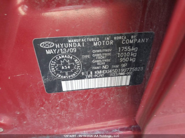 2009 Hyundai Elantra Gl/l მანქანა იყიდება აუქციონზე, vin: KMHDU45D19U775823, აუქციონის ნომერი: 12614291