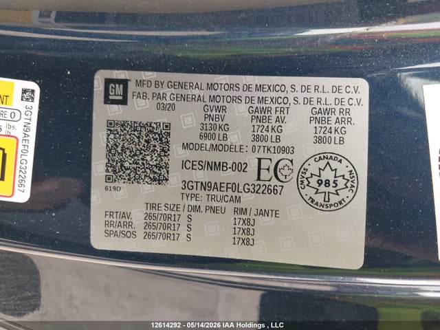 12614292 :رقم المزاد ، 3GTN9AEF0LG322667 vin ، 2020 Gmc Sierra 1500 مزاد بيع