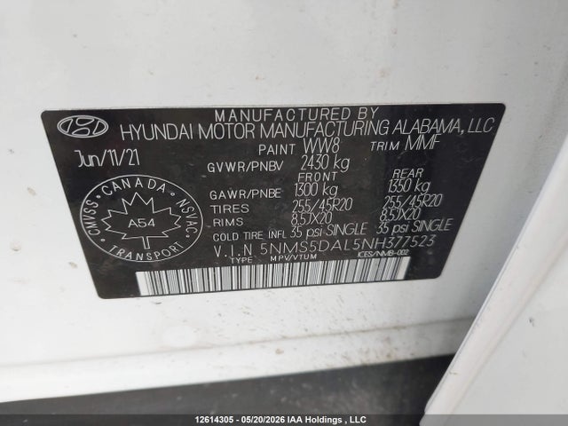 12614305 :رقم المزاد ، 5NMS5DAL5NH377523 vin ، 2022 Hyundai Santa Fe Calligraphy مزاد بيع