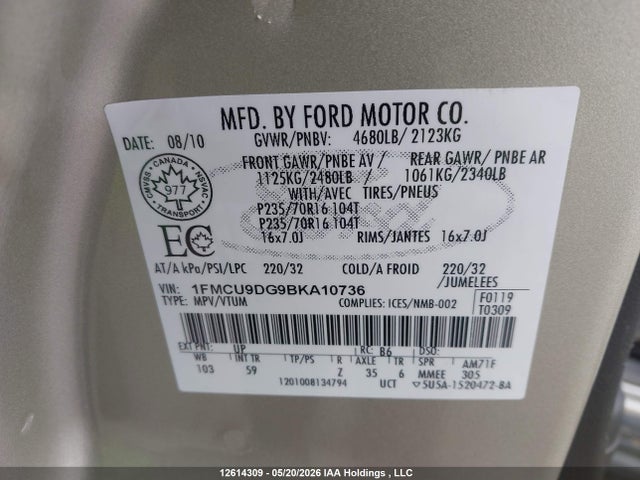 12614309 :رقم المزاد ، 1FMCU9DG9BKA10736 vin ، 2011 Ford Escape Xlt مزاد بيع