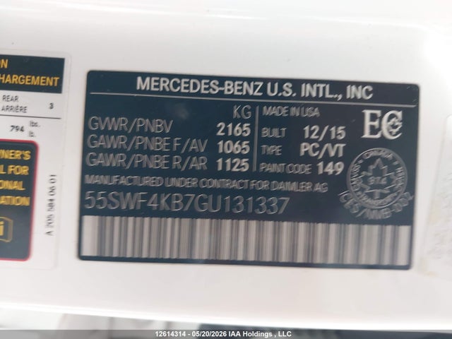 Продаж на аукціоні авто 2016 Mercedes-benz C 300 4matic, vin: 55SWF4KB7GU131337, номер лоту: 12614314
