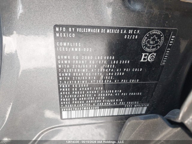 12614330 :رقم المزاد ، 3VV8C7B22TM053285 vin ، 2026 Volkswagen Taos S مزاد بيع