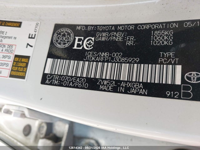 Продажа на аукционе авто 2018 Toyota Prius Prime Upgrade, vin: JTDKARFP1J3085929, номер лота: 12614342