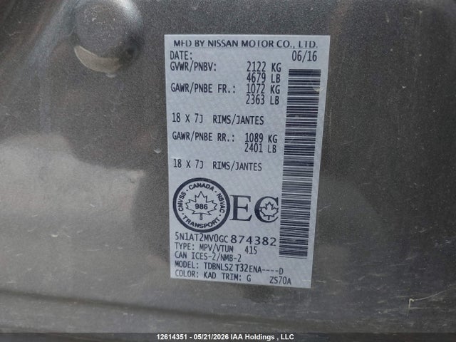 5N1AT2MV0GC874382 Nissan Rogue S/sl Premium/sv