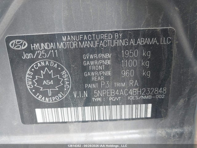 12614352 :رقم المزاد ، 5NPEB4AC4BH232848 vin ، 2011 Hyundai Sonata Gls مزاد بيع