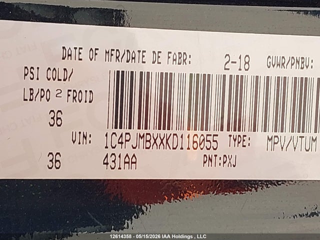 12614358 :رقم المزاد ، 1C4PJMBXXKD116055 vin ، 2019 Jeep Cherokee Trailhawk مزاد بيع