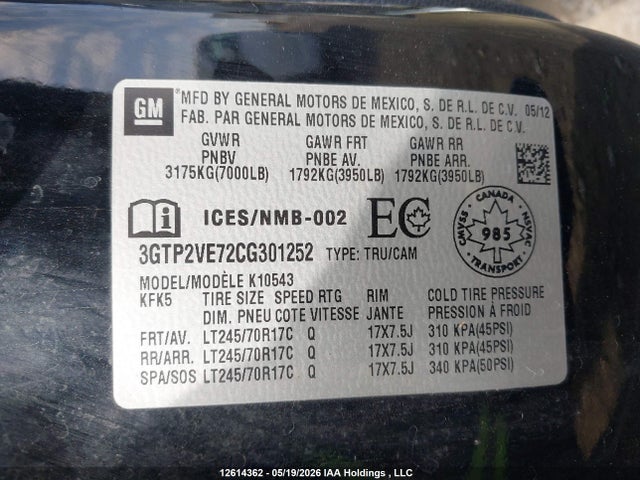 Aukcja sprzedaży 2012 Gmc Sierra 1500 Sle, vin: 3GTP2VE72CG301252, numer aukcji: 12614362